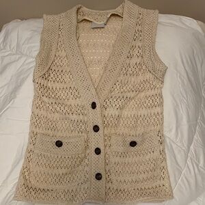 100% Cotton VTG Cream Open-Knit Crochet Buttoned Sweater Vest with Front Pockets